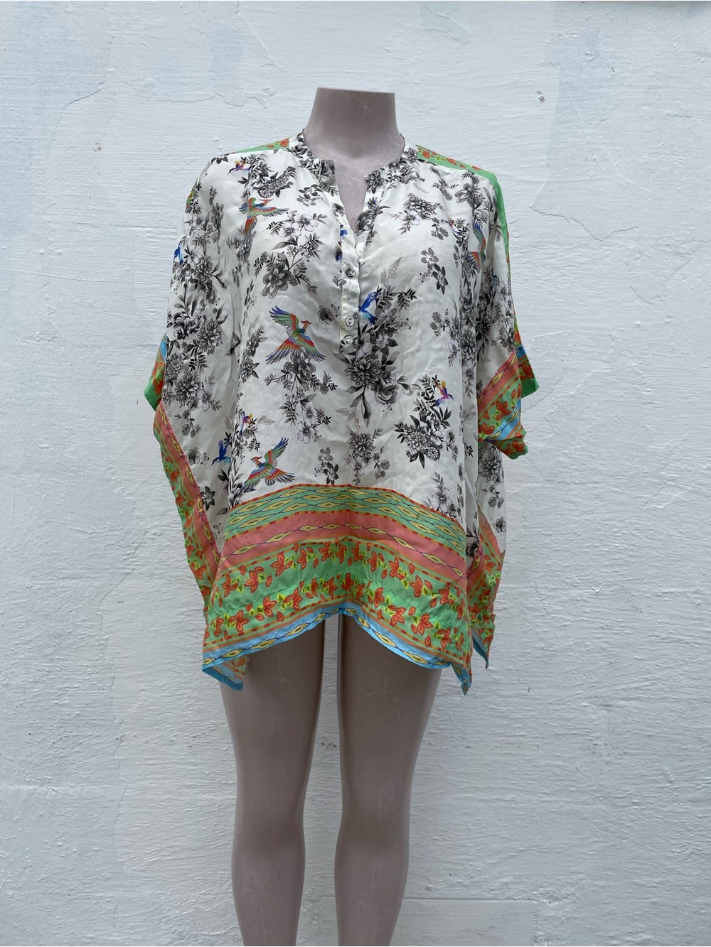 Johnny Was White Floral Blouse with Multicolor Bird & Border Detail